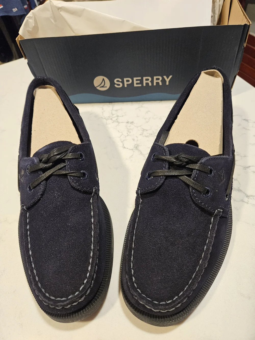Sperry Navy Suede 2-Eye Boat Shoes with Black Laces